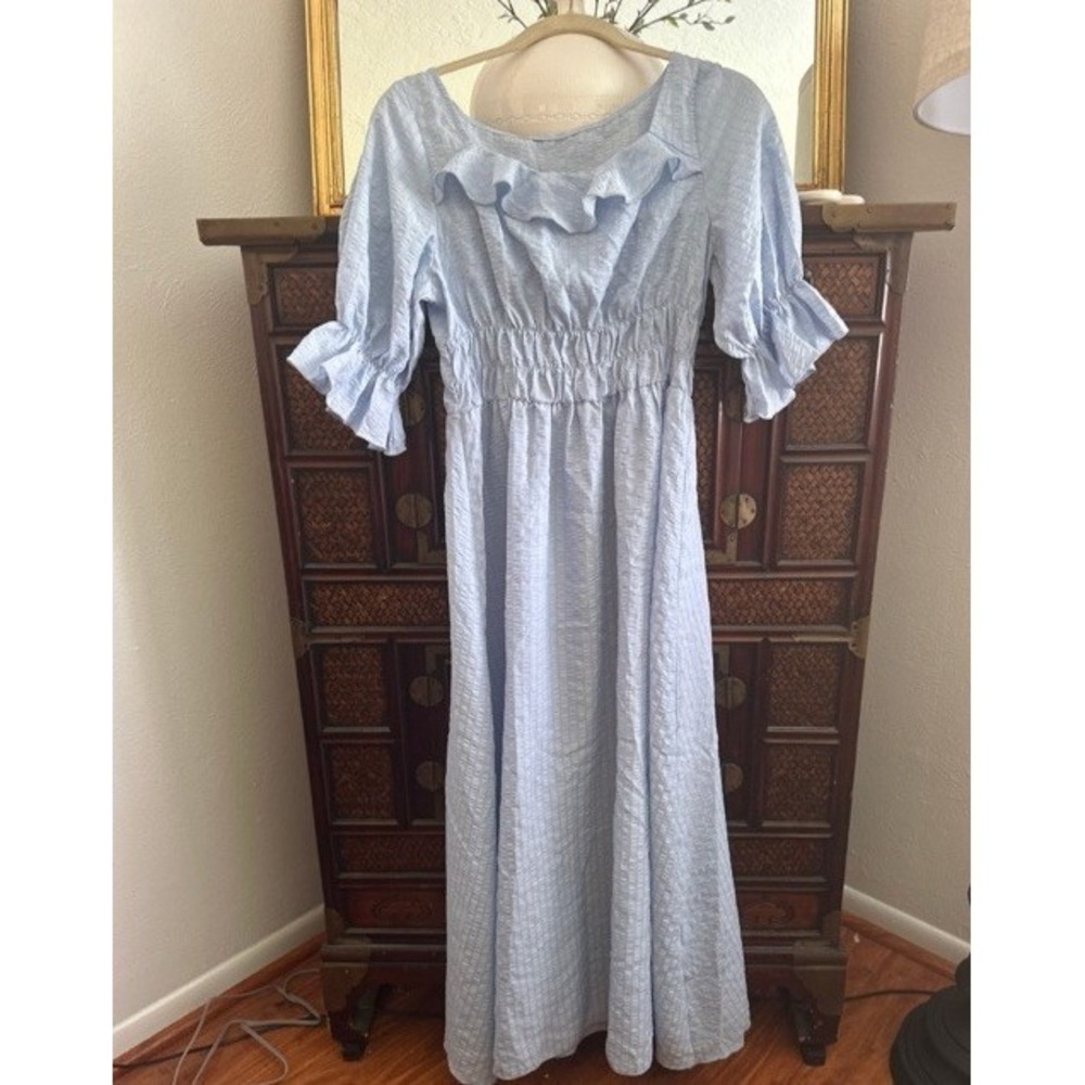 VTG Peasant Blue Prairie Dress Long Maxi Short Sleeve Embroidered Size M/L - Picture 10 of 16